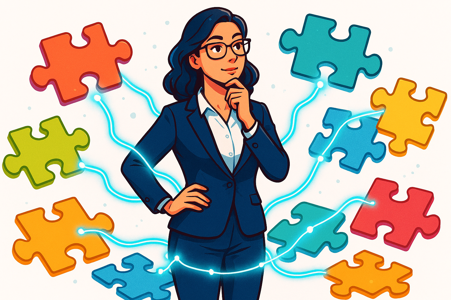 SBL with linked puzzle pieces all around her in thought